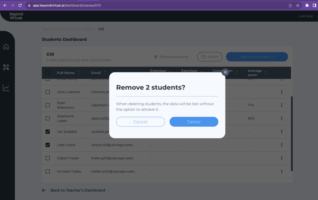 Approve students removal - teacher dashboard